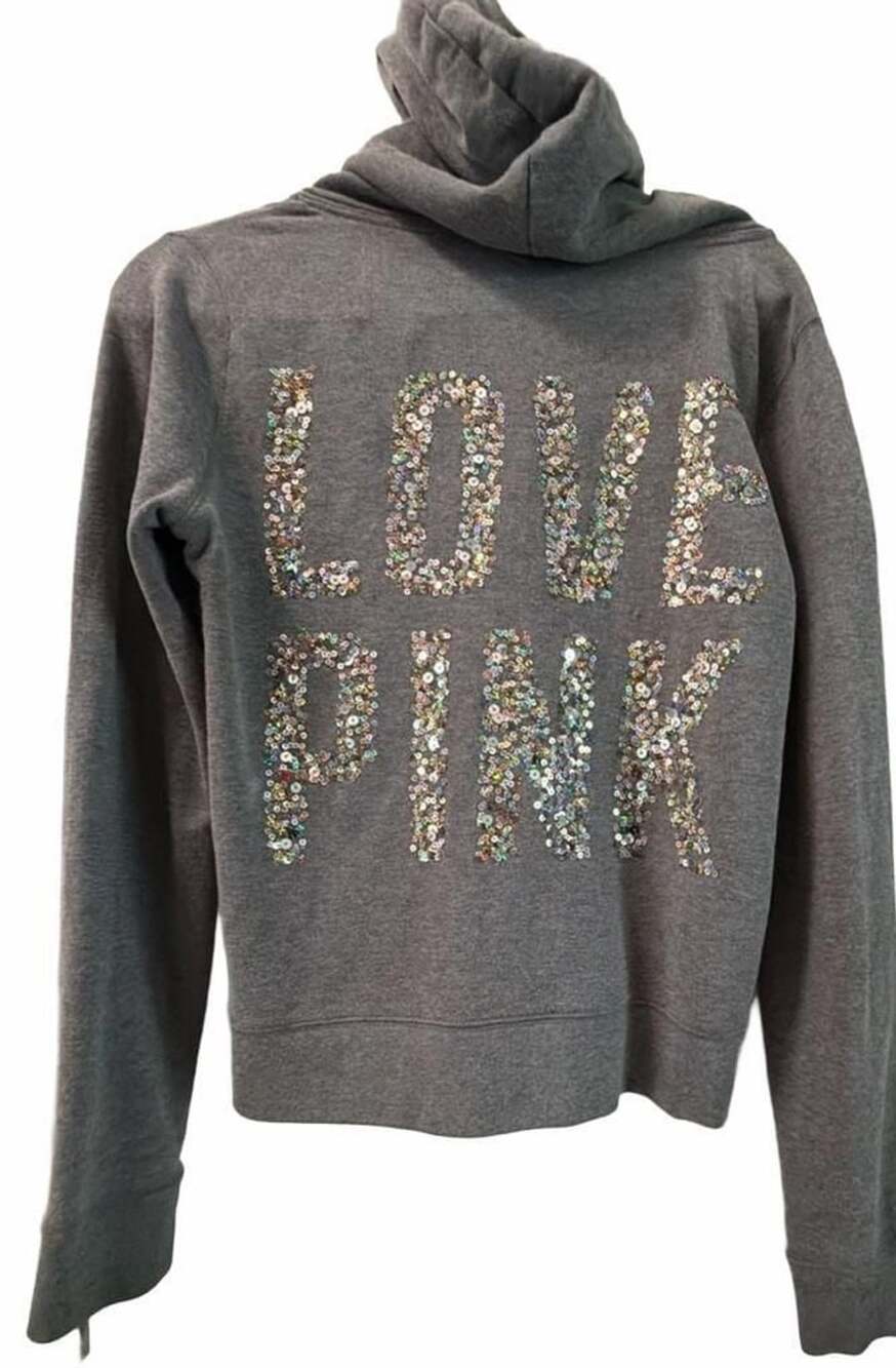 Sequined Pink Victoria's Secret Full-Zip Hoodie Size M Gray